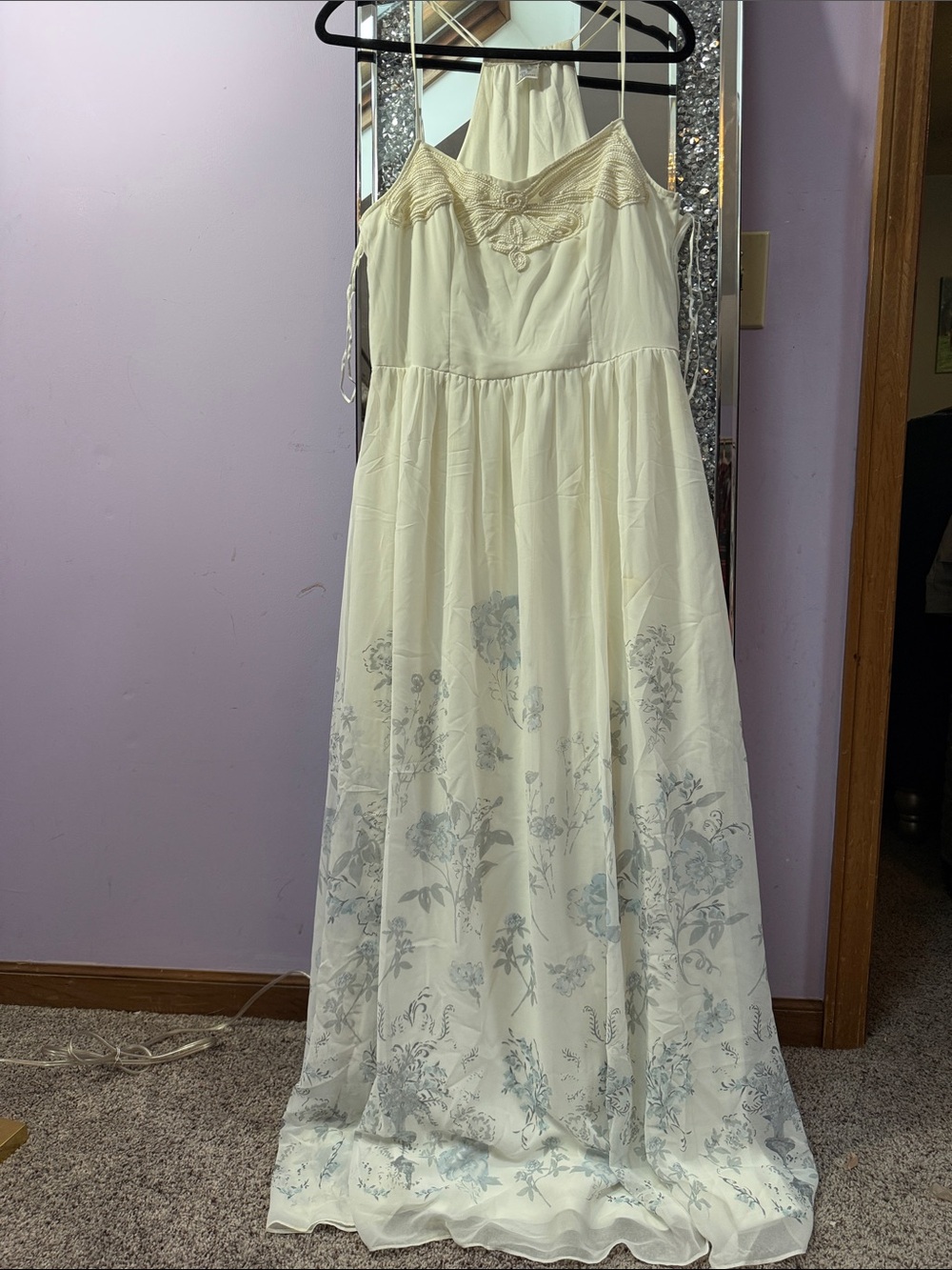 LC Lauren Conrad Cream Maxi Dress with Blue Floral Print
